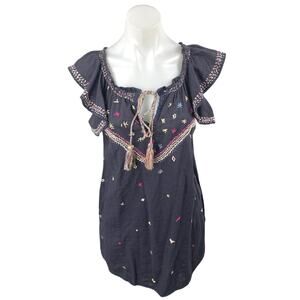 Banjara Black Embroidered Tassel Ruffle Flutter Sleeve Mini Shift Dress Size XS